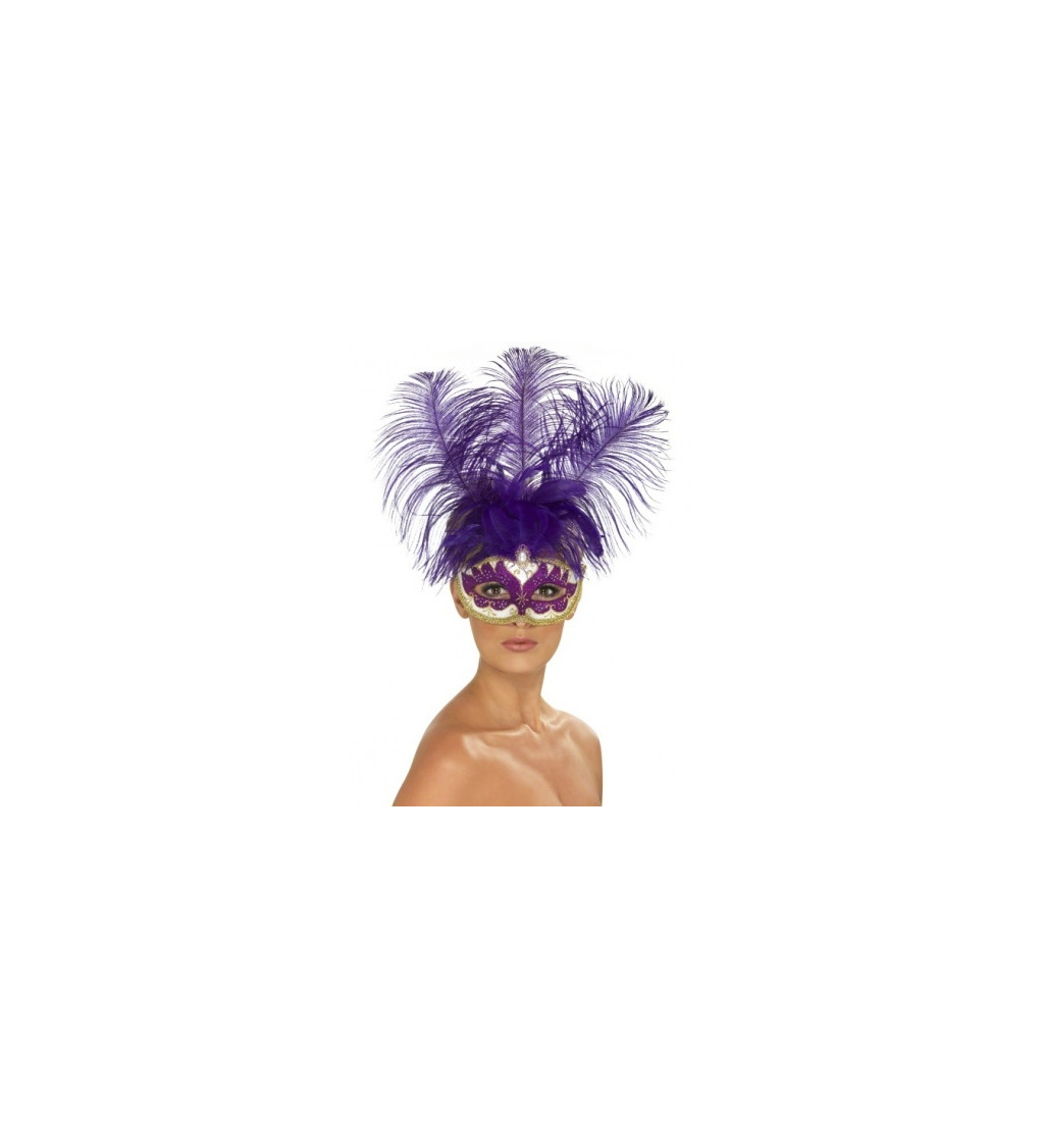 Benátska fialová maska ​​Lady Baroque s peřím