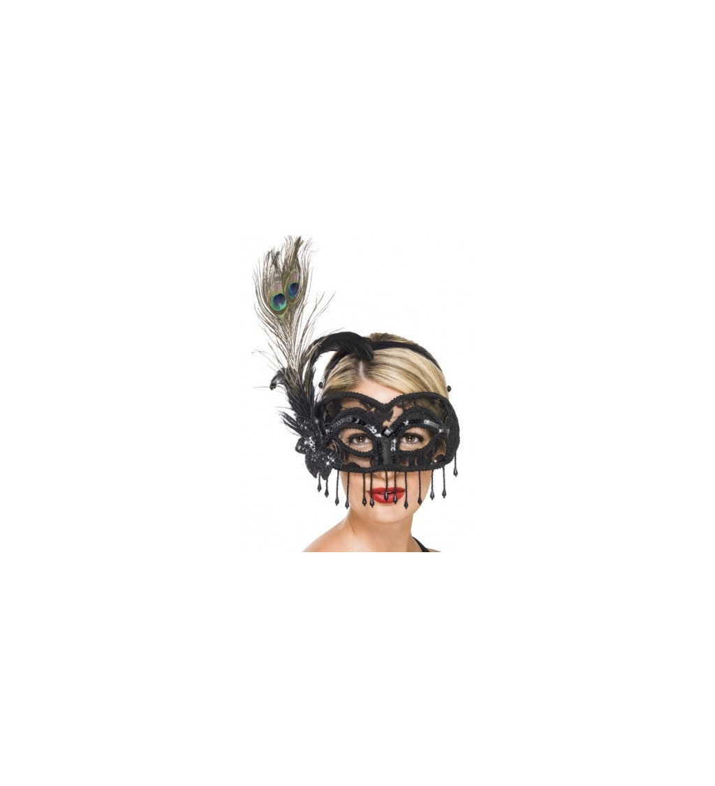 Benátská černá maska s peřím a korálky