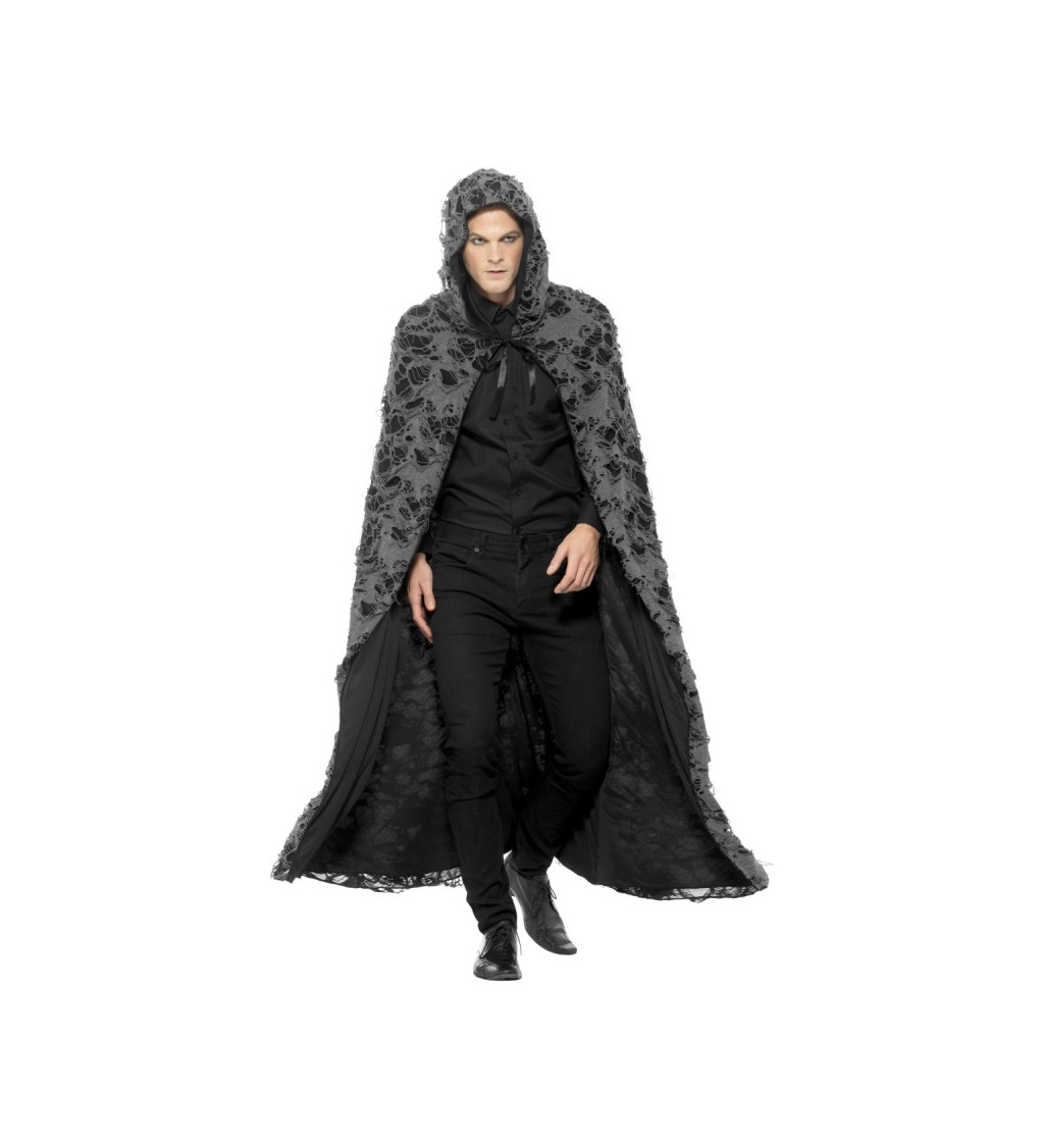 Potrhaný čarodějnický plášť v černo-šedé barvě