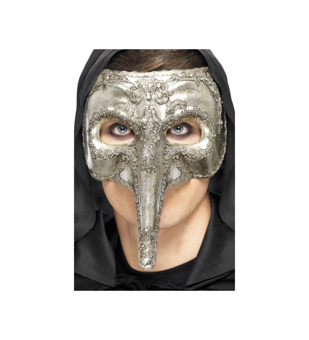 Benátská stříbrná maska s dlouhým nosem