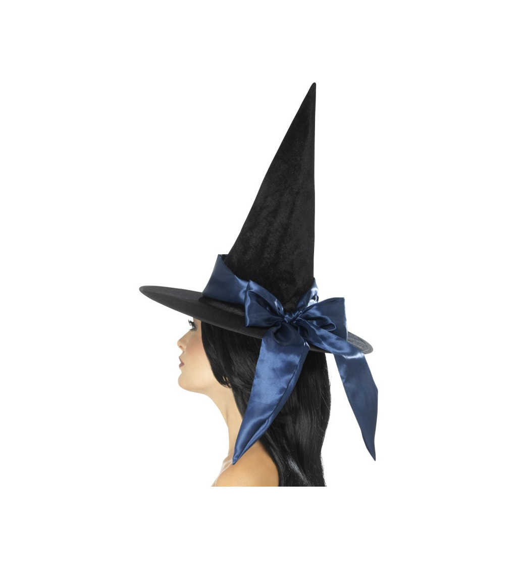 Klobouk černý čarodějnický s modrou mašlí