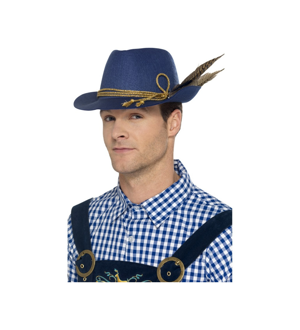 Bavorský modrý klobouk s pírky