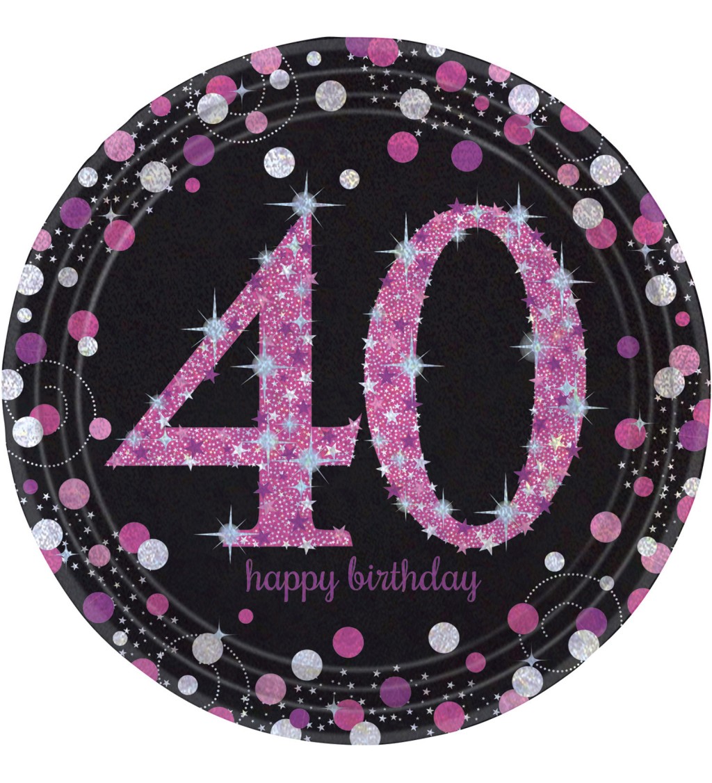 Talíř 40 Happy Birthday - třpytivě růžový