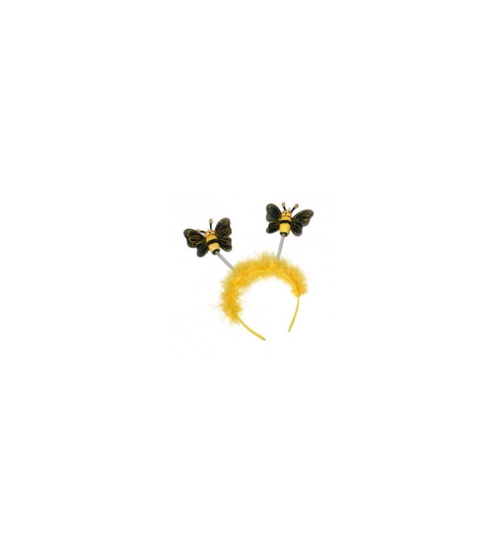 Žlutá čelenka s chmýřím a tykadly s motýli