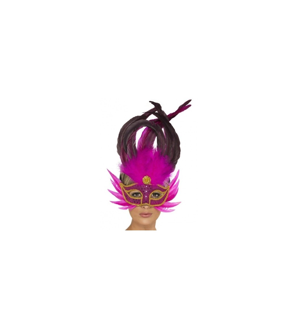 Benátska růžová maska s dlouhým peřím