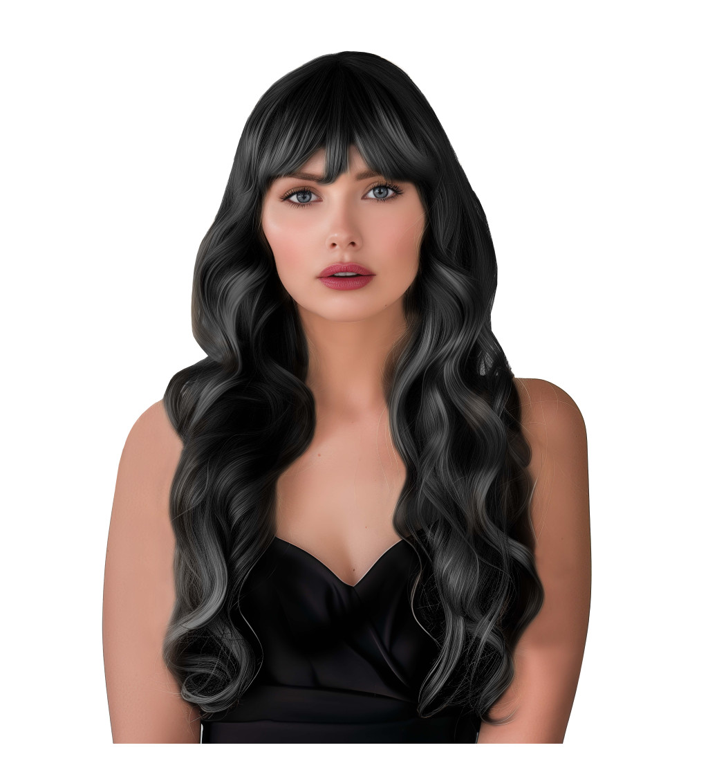 Dámská paruka dlouhá vlnitá s ofinou černá