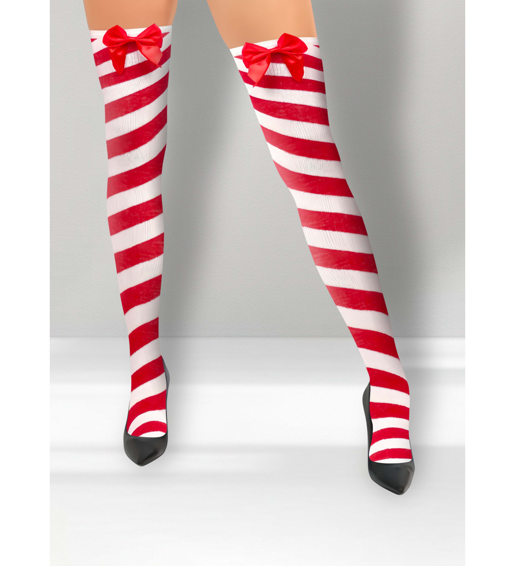 Pruhované punčochy červeno-bílé s mašlí