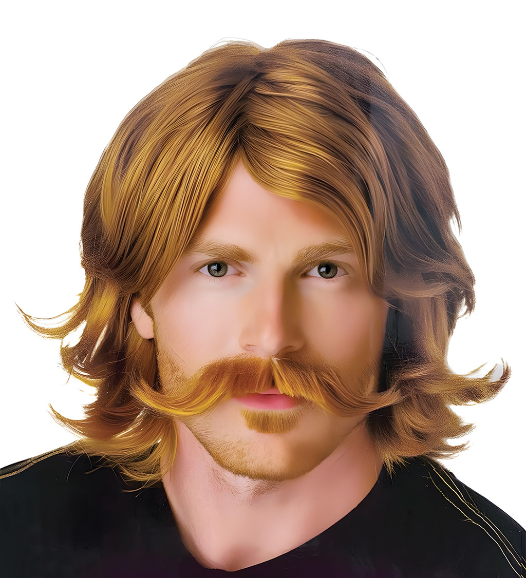 Paruka pánská 70. léta s knírkem, světle hnědá