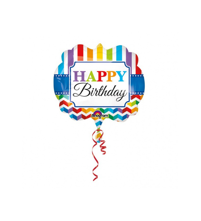 Fóliový balónek - Happy Birthday, pruhovaný