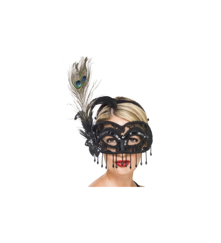 Benátská černá maska s peřím a korálky