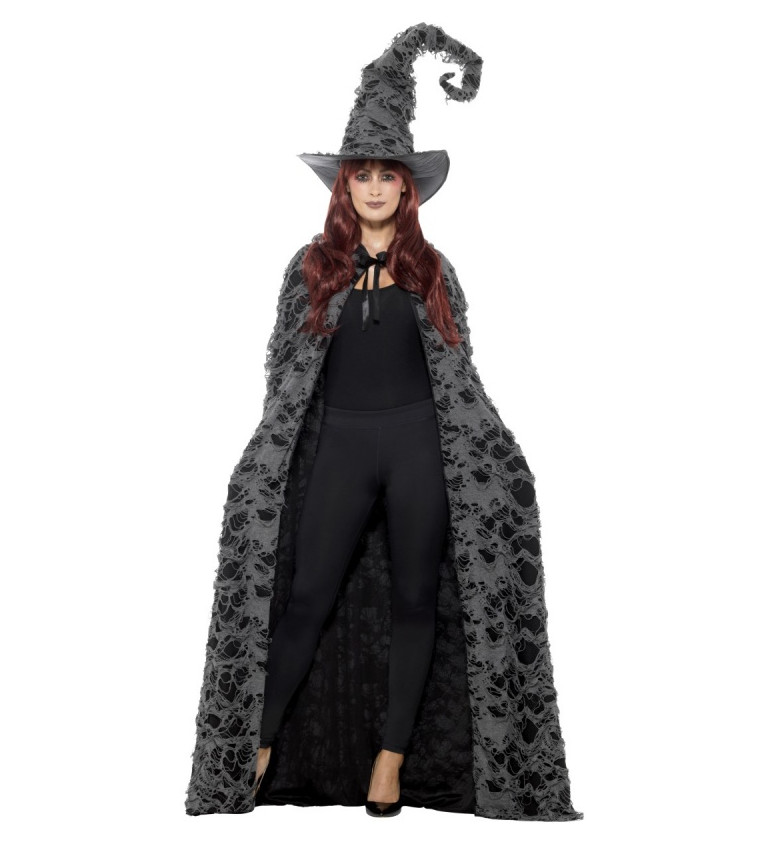 Potrhaný čarodějnický plášť v černo-šedé barvě