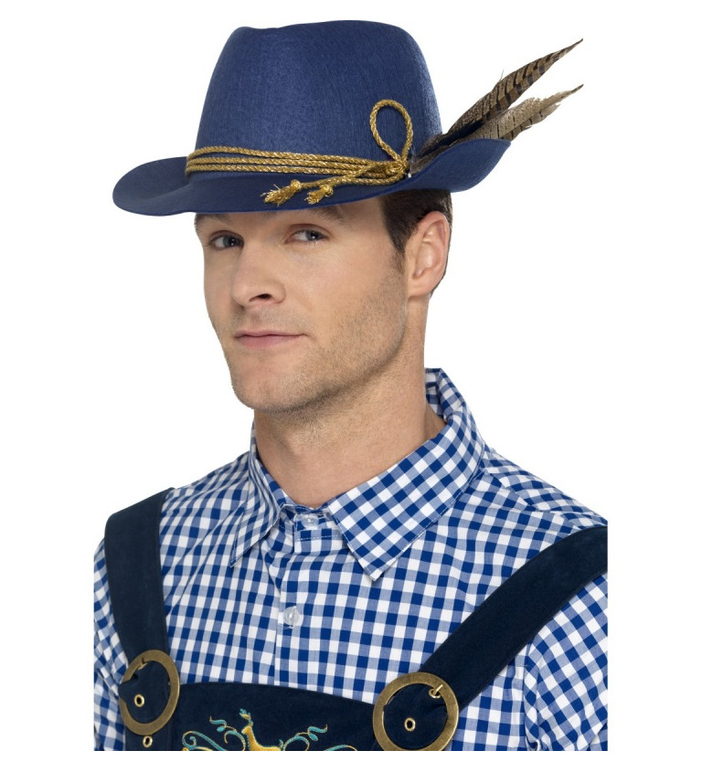 Bavorský modrý klobouk s pírky