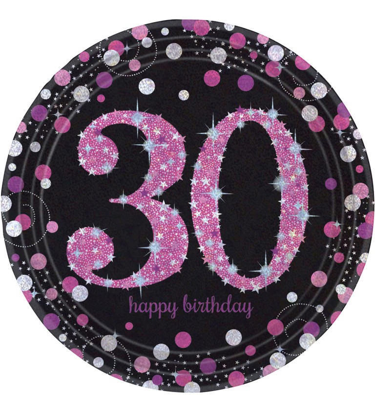 Talíř 30 Happy Birthday - Třpytivě růžový