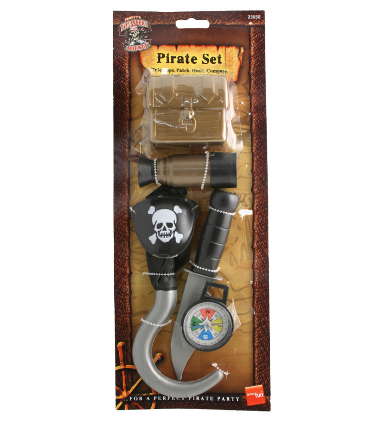 Pirátský set - kompas, nůž, dalekohled, hák, truhla
