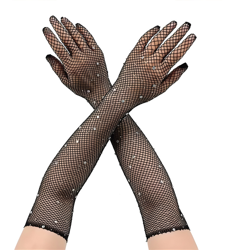 Dlouhé síťované rukavice s kamínky černé