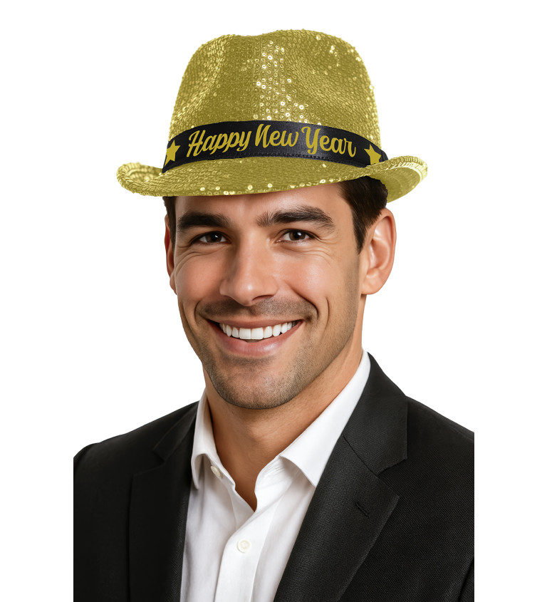 Klobouk Happy New Year zlaté flitry